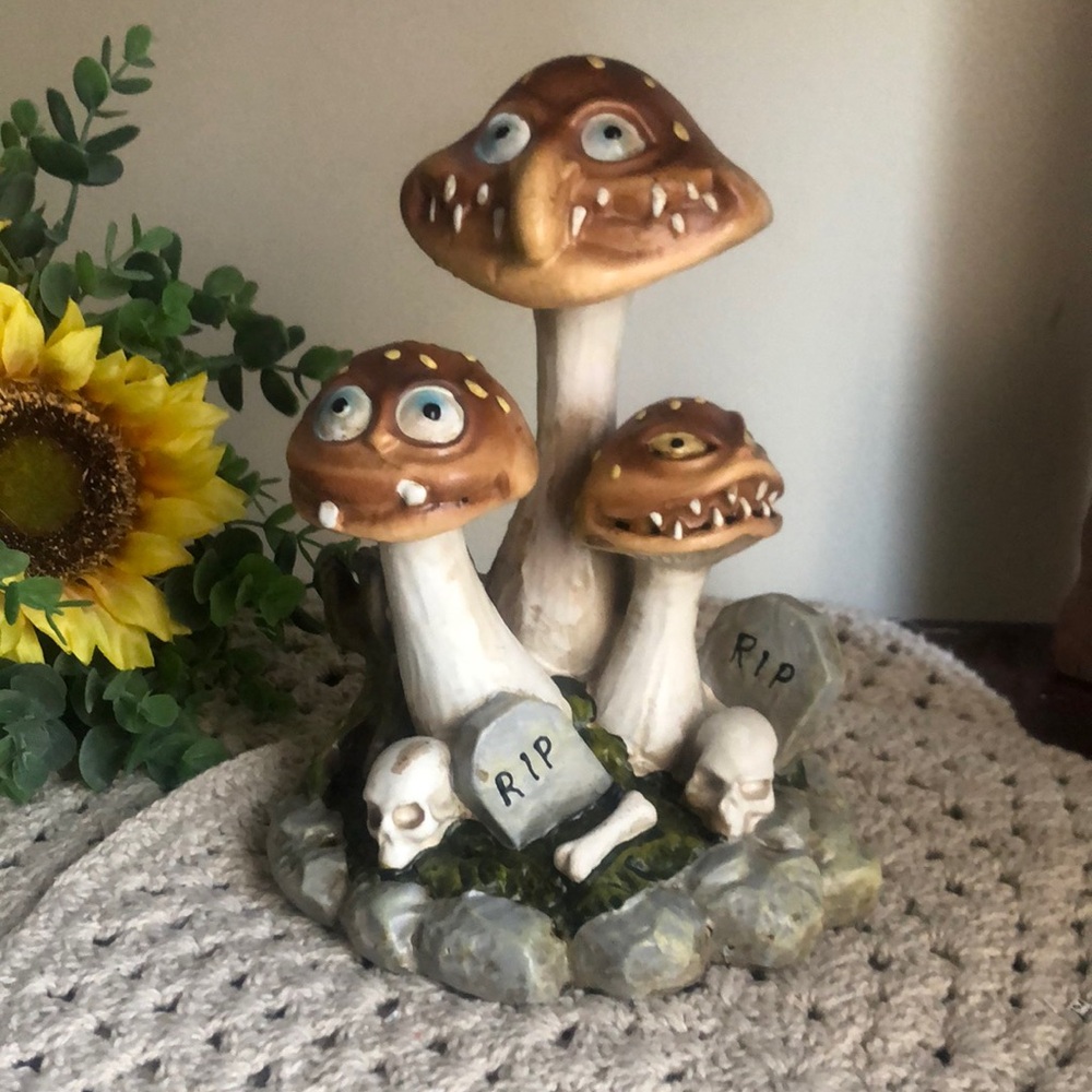 Whimsical Mushroom Figurine with Skulls Halloween Decor